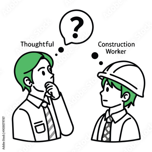 Line art Asian man thinking with question mark beside Construction worker looking away