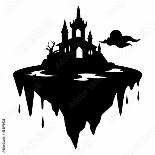 A castle is floating in the air with a ghostly moon in the background