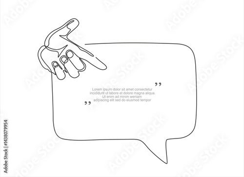 Continuous one line drawing of Hand showing something with index finger and speech bubble. Trendy line art vector on a white background. Vector illustration.Editable stroke	
