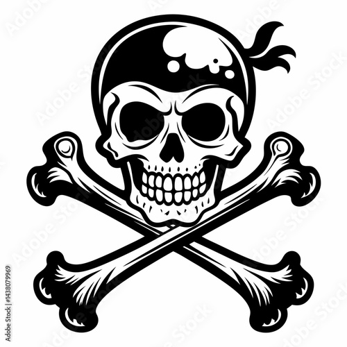 Grinning Pirate Skull and Crossbones with Bandana   Classic Black and White Illustration