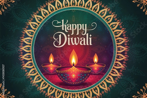 Happy Diwali Greeting with Traditional Oil Lamps and Decorative Mandala Art
