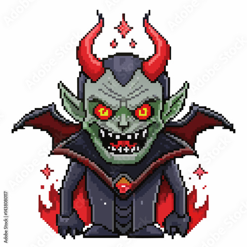 Pixel Art Demon with Red Horns and Fiery Cape