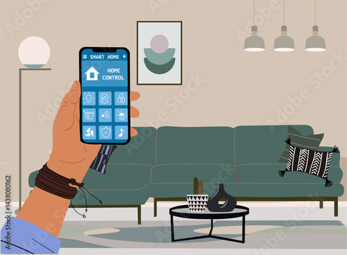 Person using smart home control panel, hands holding smartphone with Smart house application. IOT concept. Colorful flat vector illustration with living room interior on the background