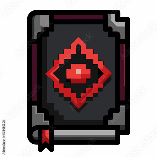 Pixel Art Magical Book Icon   Dark Cover with Red Symbols and Bookmark
