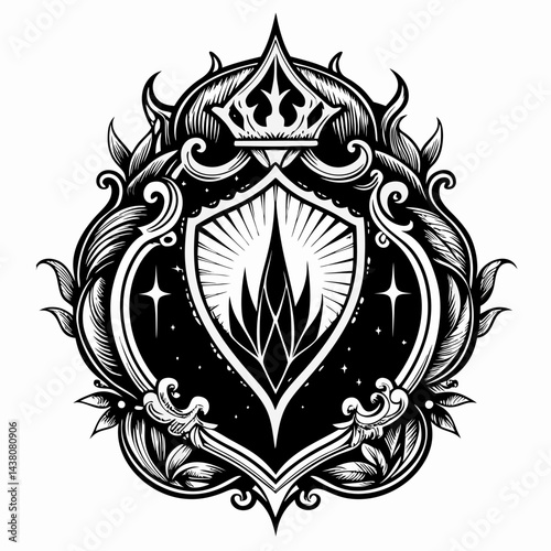 A black and white drawing of a crown with a flame on it