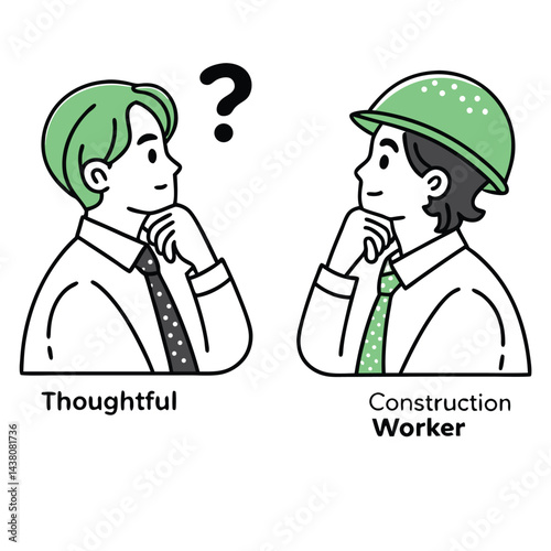 Two Pensive Men in Profile, One with Hardhat, a Question Mark Overhead, Bold Line Cartoon