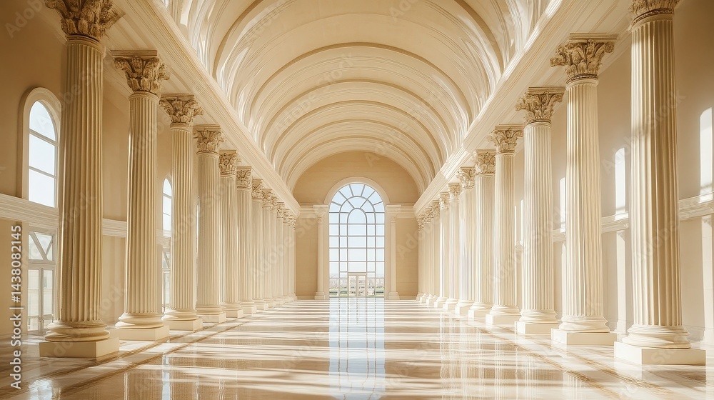 A grand hall with tall classical columns, arched ceilings, and large windows letting in abundant natural light. A grand hall with tall classical columns, arched ceilings, and large windows letting in abundant natural light.