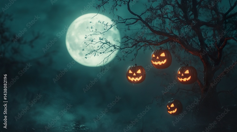 Fototapeta premium Spooky full moon night with glowing jack-o'-lanterns hanging from bare tree branches 