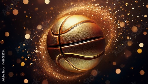 a gold basketball is in the air the ball is surrounded by a lot of glitter