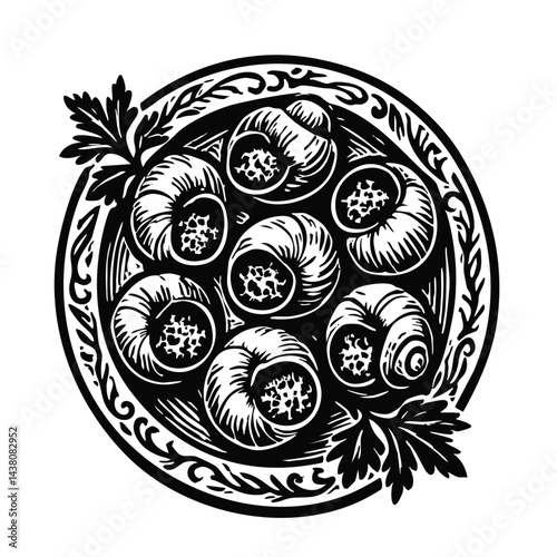Stuffed snails illustration. Cooked vector snails with fresh herbs on beautiful plate. Top view.