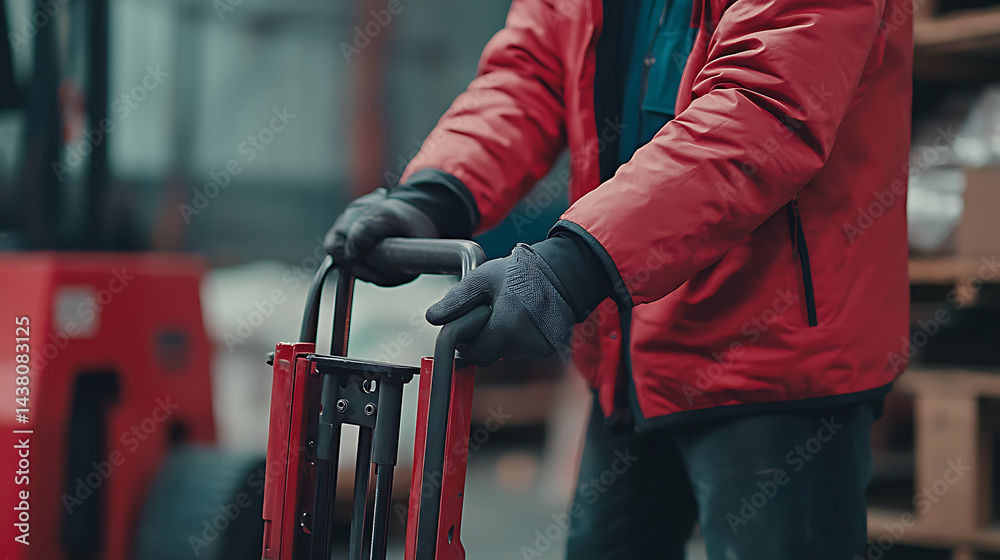 Obraz premium Warehouse Worker Operating a Hand Pallet Truck