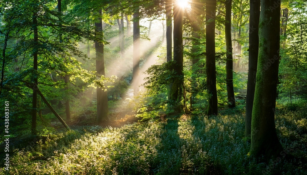 Obraz premium sun rays illuminating dense greenery in a tranquil forest