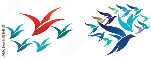 "Dynamic V-shaped bird migration, stylized silhouettes in smooth flowing lines, clean vector design."

