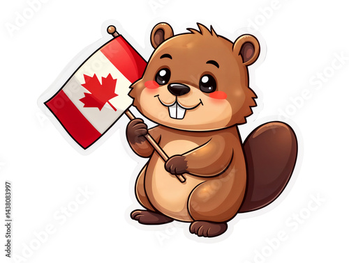 Adorable cartoon beaver holding Canadian flag, perfect for Canada Day stickers. Vibrant colors on transparent background. Cute patriotic illustration for messaging apps
