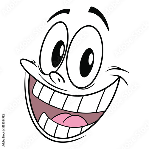 Cartoon Face Expression with Wide Smile, Big Eyes, and Pink Tongue, Bold Black Outline