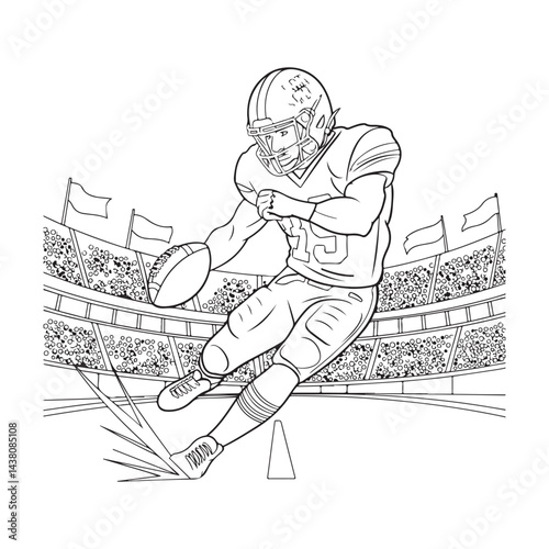 Coloring page of a cartoon football player charging towards the end zone.