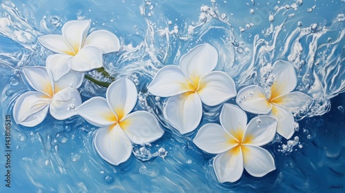 Serene Plumeria Blooms in Aqua Splash: A Vibrant Tropical Painting