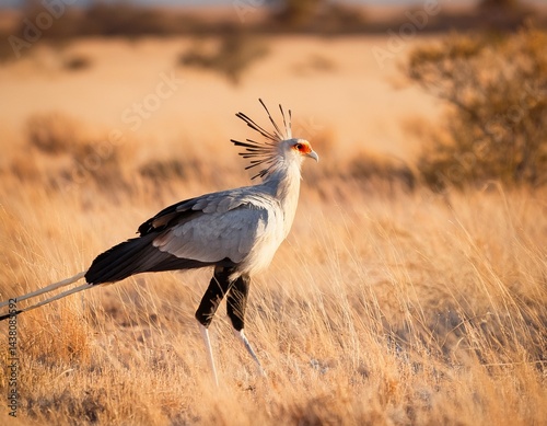 secretary bird stomping in dry grasslands vertical