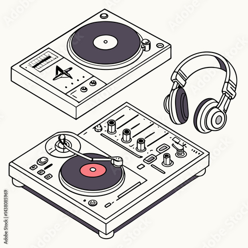 DJ Equipment Set – Turntables, Mixer, and Headphones Vector Illustration on White Background