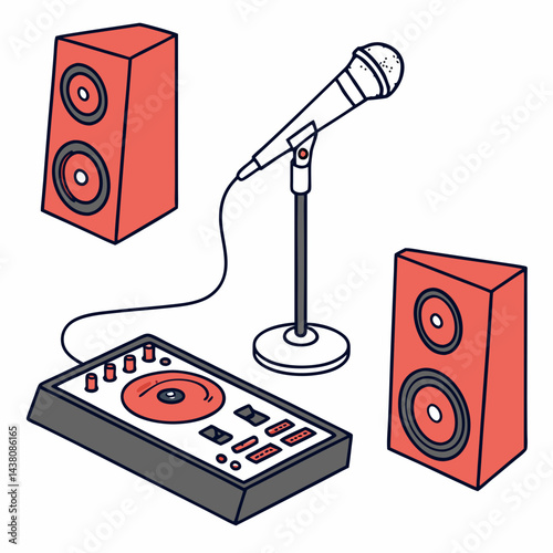 Music Studio Equipment – Microphone, Speakers, and Mixing Console Vector Illustration on White Background
