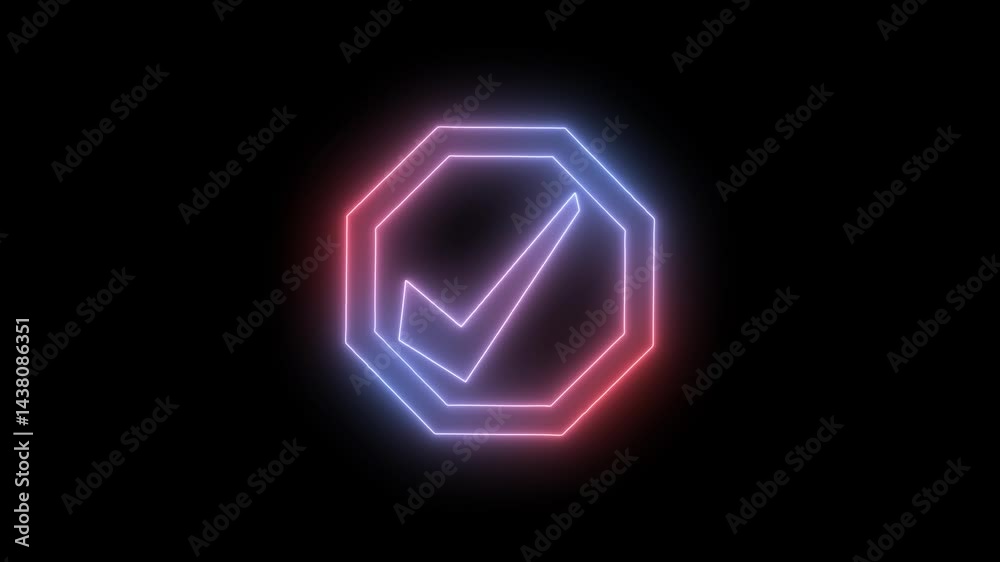 Vivid Neon Check Mark Looping Animation, Neon Checkmark in Octagonal Frame Vivid Neon Check Mark Looping Animation, Neon Checkmark in Octagonal Frame