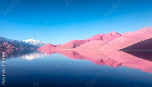 a surreal and ethereal landscape where pastel pink mountains meet a reflecting tranquil water under a clear blue sky creating a dreamlike vista
