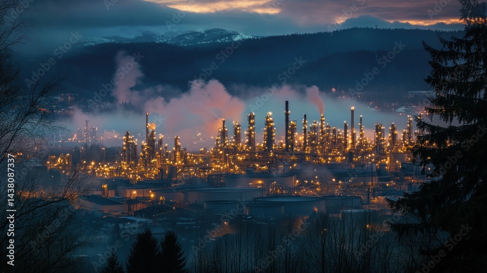 Fototapeta premium Illuminated Industrial Complex at Dusk, Nestled Amongst Mountains