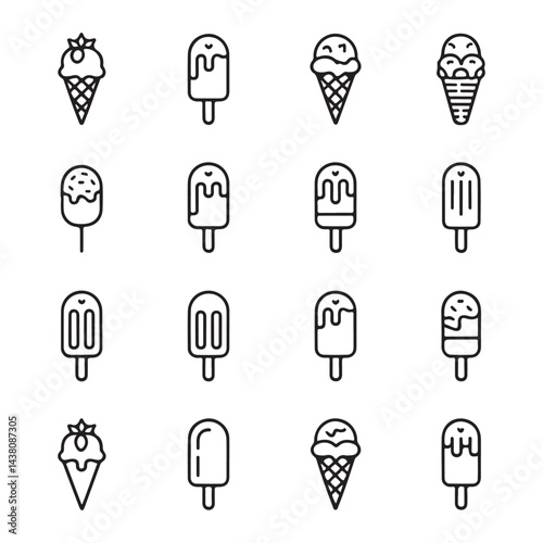 Coloring page with various frozen desserts, including cones and popsicles in different flavors.