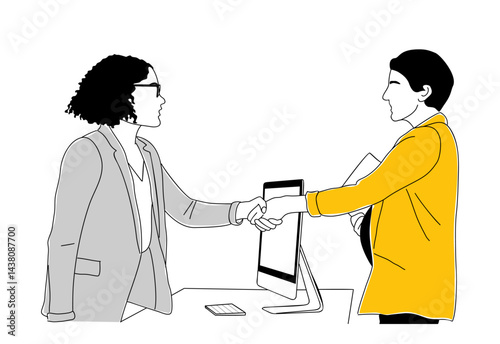 HR manager shaking hands with business woman job candidate. Job and carrier concept business sketch illustration isolated on transparent background. Best job candidate, job interview outline drawing