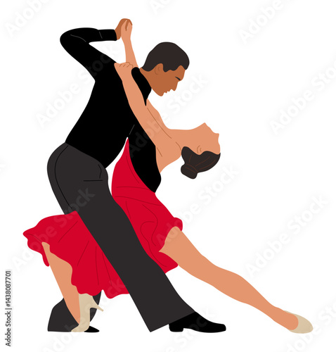 Dancing Couple, Dancers Tango, Salsa, Bachata, Flamenco, Latina Dance. Young man and woman in dance pose. Vector realistic illustration isolated on transparent background.