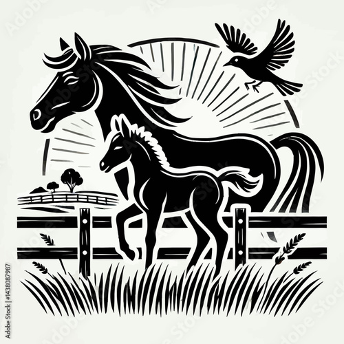 Horse and Foal in a Field with Bird on Fence