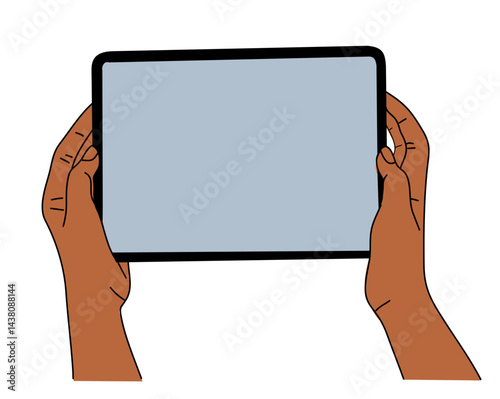 Hands holding digital tablet with empty screen. Gadget mockup. Colored outline hand drawn vector illustration isolated on transparent background. 