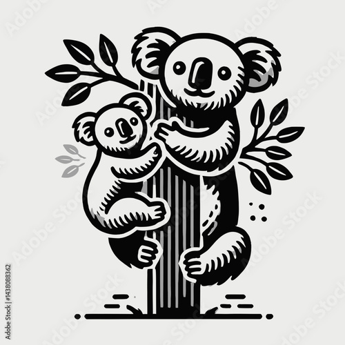 Koala Mother and Baby Clinging to a Tree