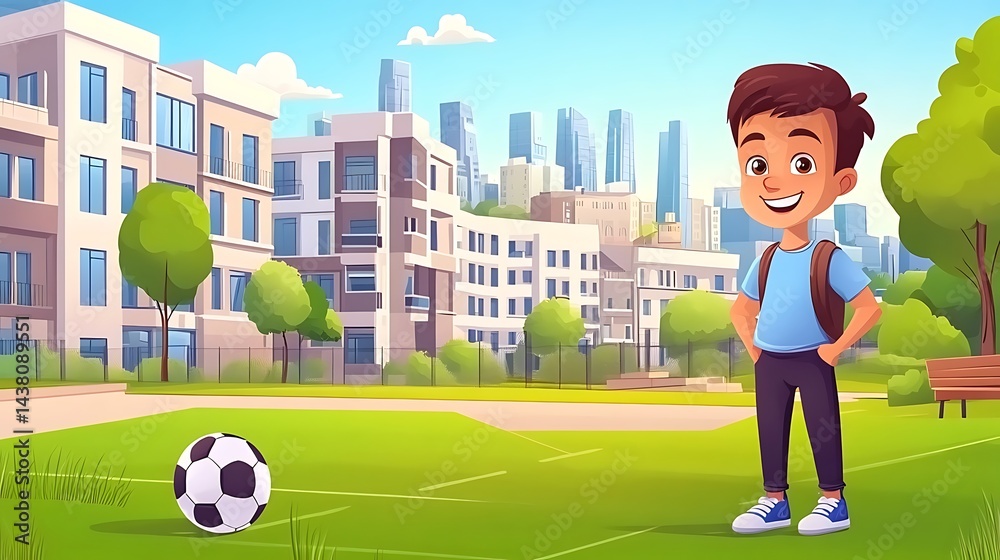 Fototapeta premium Young boy with soccer ball cartoon in park illustration