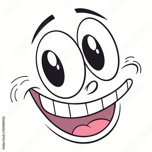 Smiling Cartoon Face with Big Eyes, Exaggerated Features, Expressive Mouth, Flat Style