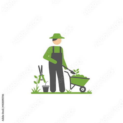 Gardener working with a wheelbarrow and plants icon for gardening services