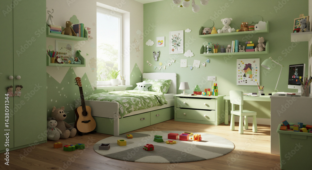 Fototapeta premium Cozy and Creative Kids Bedroom with Fun Textures and Wood Accents
