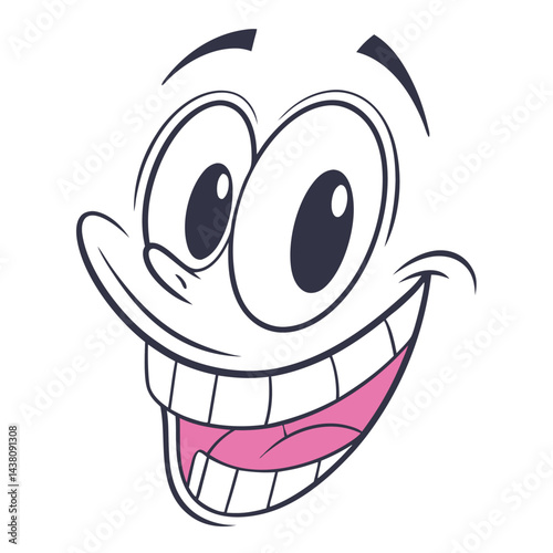 Goofy Cartoon Face with Wide Eyes, Large Smile, and Pink Tongue on White Background