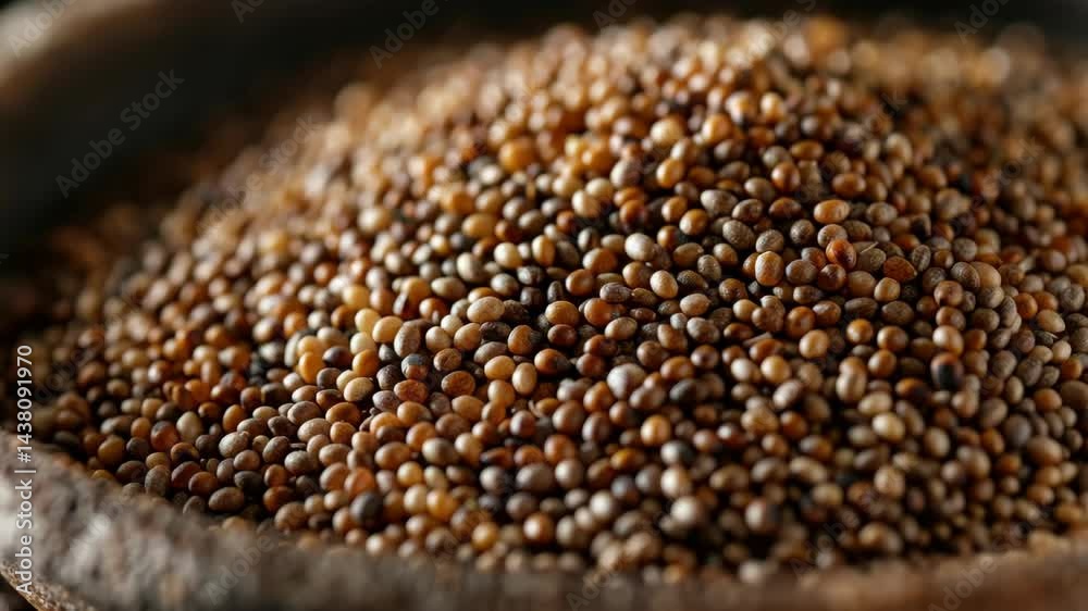 A bowl of brown seeds is piled high. The seeds are small and brown, and they are scattered throughout the bowl. The bowl is made of wood and has a rustic appearance A bowl of brown seeds is piled high. The seeds are small and brown, and they are scattered throughout the bowl. The bowl is made of wood and has a rustic appearance