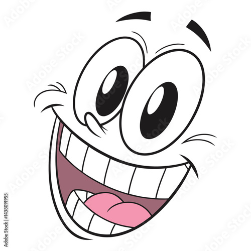 Cartoon Face with Exaggerated Eyes and Smiling Mouth, Bold Outline Style on White