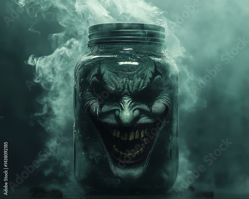 joker bottled emotions Chilling clown jar in smoky atmosphere.