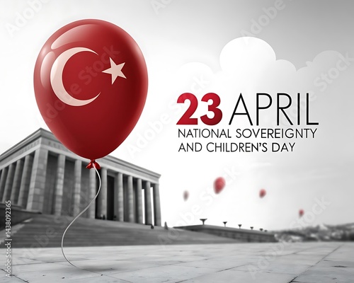 Illustration of turkish national sovereignty and children's day with a balloon and building