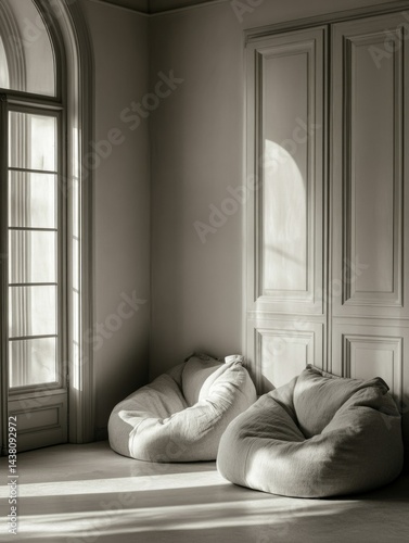 This image features a serene corner of a modern living room, bathed in natural sunlight from a large window. The room is tastefully decorated with a minimalist aesthetic. There are two comfortable