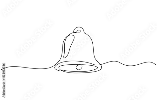 Minimalist christmas decoration, a bell with ribbon drawn with one continuous line. Jingle bell continuous one line drawing, single line art element, minimalist sketch line vector illustration.