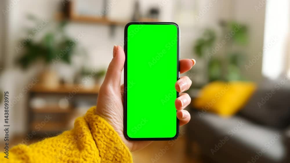 Female hand holding a smartphone with green screen in home, chroma key phone video