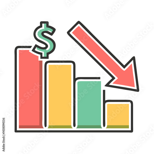 simple black line graph showing downward trend,accompanied by dollar sign in circle.Represents financial loss,decrease,or economic downturn,on finance blogs or business websites