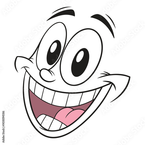 Cartoon Face with a Big Smile, Large Eyes and Black Outline on White Background