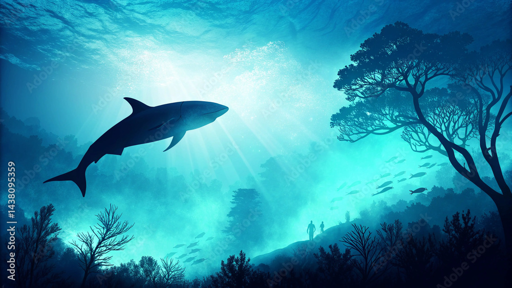 Obraz premium Blue Deep Sea Art: Underwater Wanderings of Shark and Light