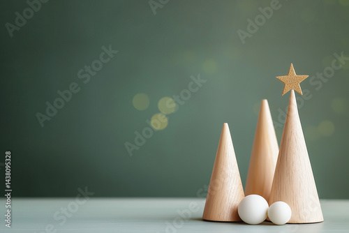 Wooden Cone Decorations with Star and Spheres