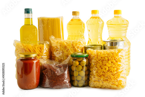 Foto Foodstuffs in donation box isolated on white background with clipping path for volunteer to help people